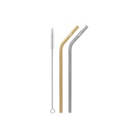 Cheeki 2 Pack Bent Stainless Steel Straws Silver, Gold & Cleaning Brush