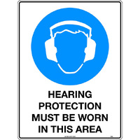 Hearing Protection Must Be Worn In This Area Mining Safety Sign 200mm Disc Self Adhesive
